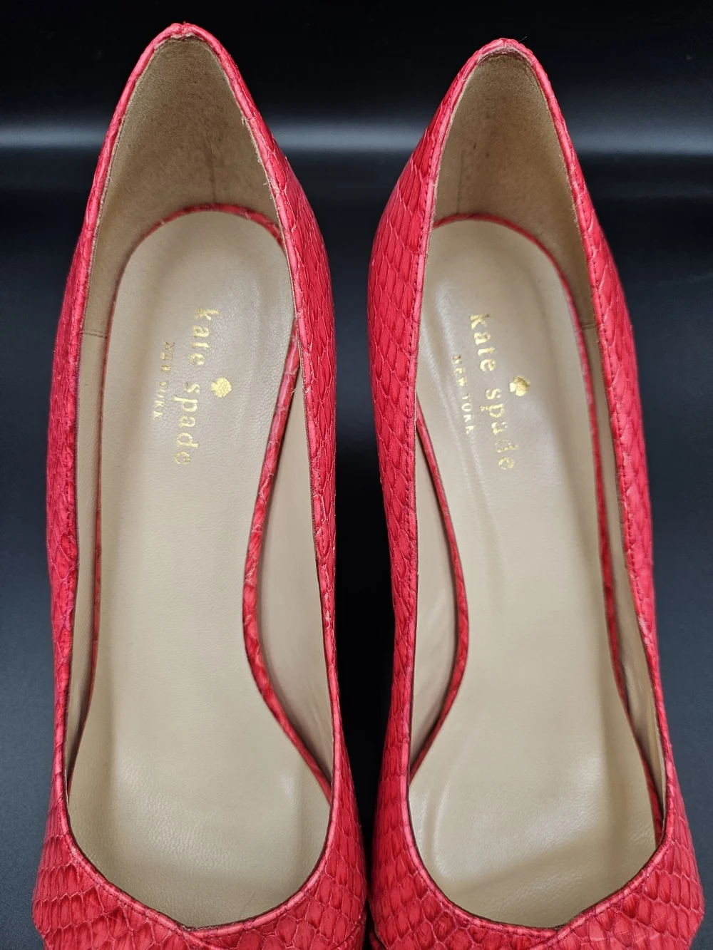 Kate Spade New York Red Snakeskin Embossed Peep Toe Heels Size 9B Made in Italy